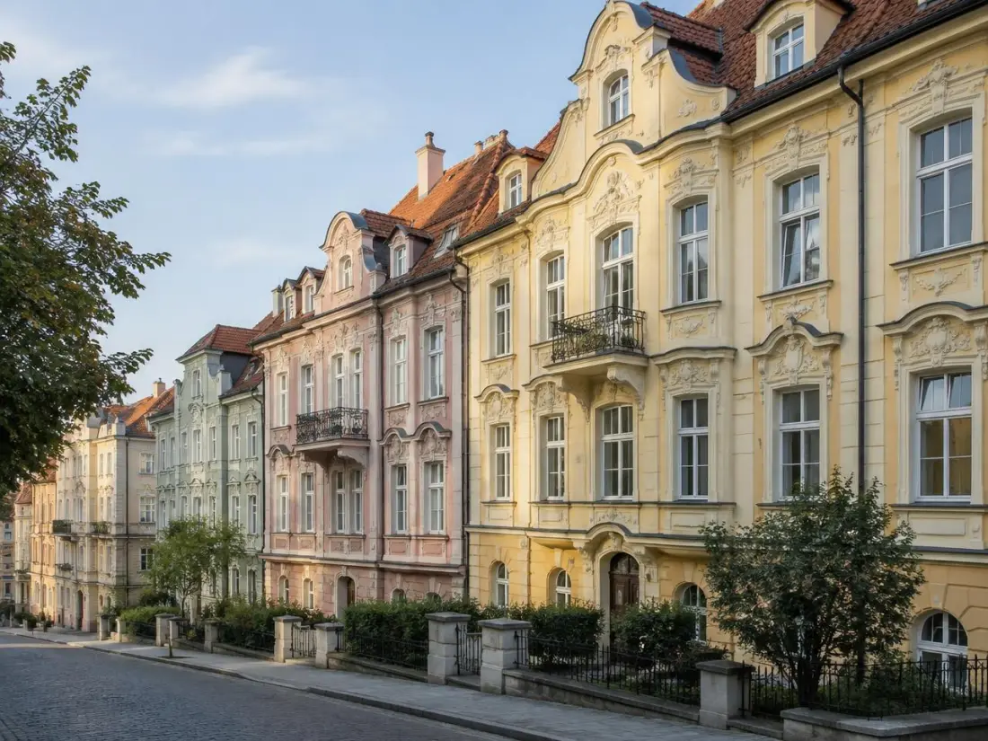Row of historic pastel residential buildings with red tiled roofs in a Czech city