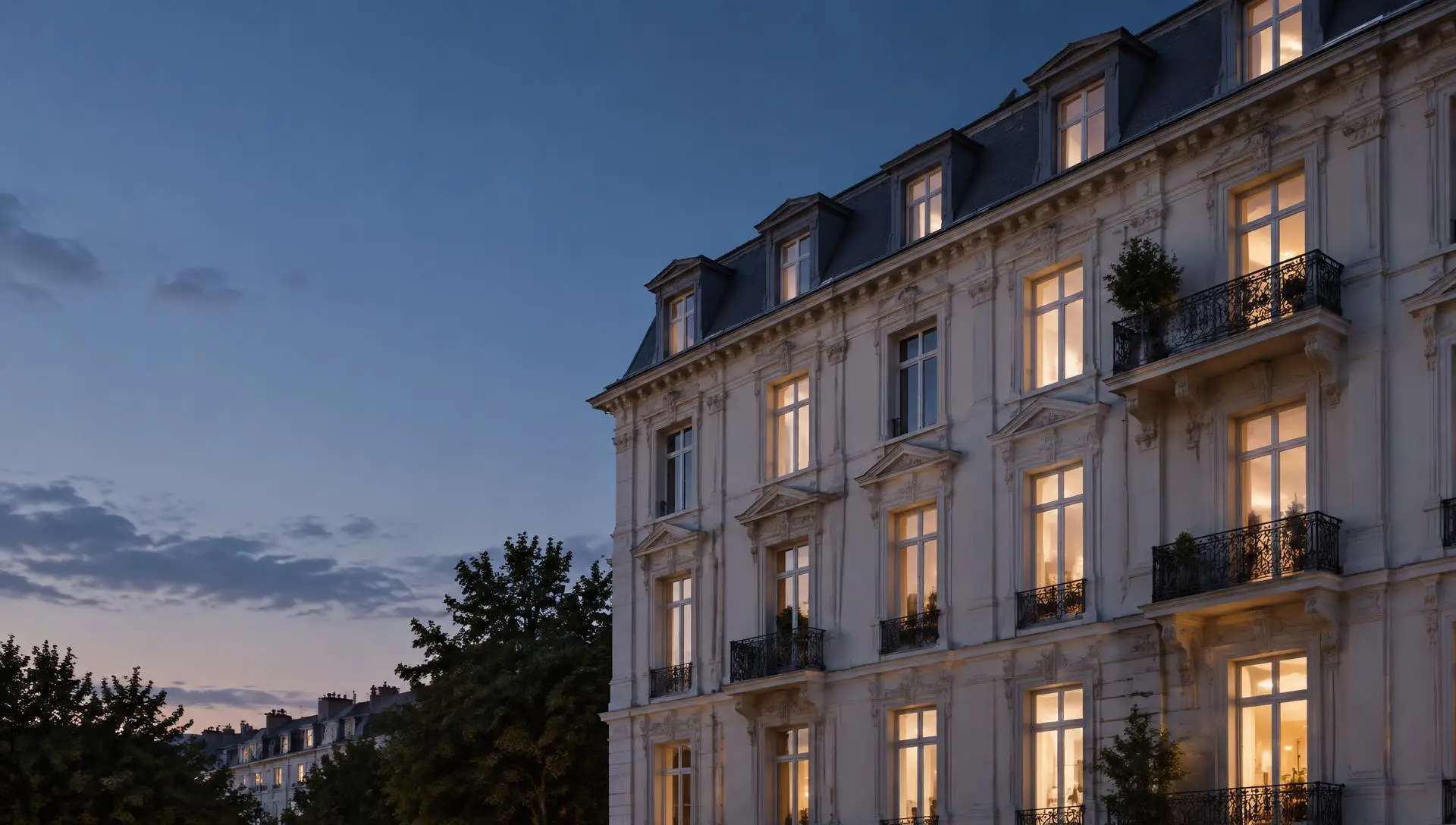 Facade of a classic European residential building at dusk with warmly lit windows